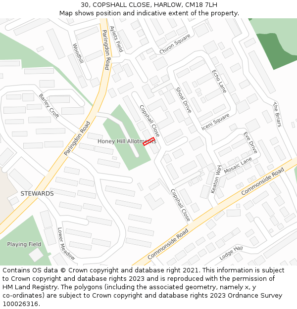 30, COPSHALL CLOSE, HARLOW, CM18 7LH: Location map and indicative extent of plot