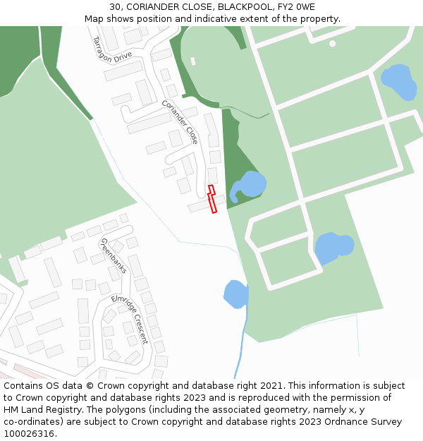 30, CORIANDER CLOSE, BLACKPOOL, FY2 0WE: Location map and indicative extent of plot