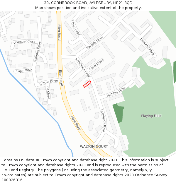 30, CORNBROOK ROAD, AYLESBURY, HP21 8QD: Location map and indicative extent of plot