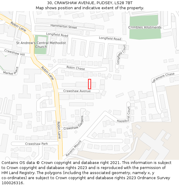 30, CRAWSHAW AVENUE, PUDSEY, LS28 7BT: Location map and indicative extent of plot