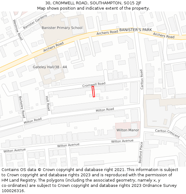 30, CROMWELL ROAD, SOUTHAMPTON, SO15 2JF: Location map and indicative extent of plot