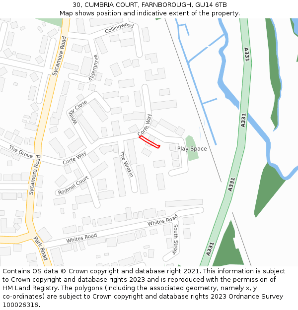 30, CUMBRIA COURT, FARNBOROUGH, GU14 6TB: Location map and indicative extent of plot