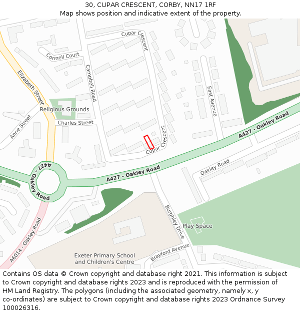 30, CUPAR CRESCENT, CORBY, NN17 1RF: Location map and indicative extent of plot