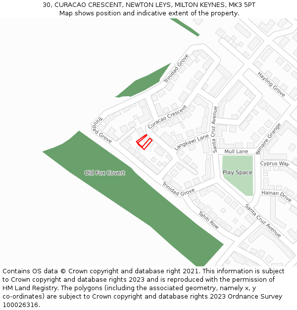 30, CURACAO CRESCENT, NEWTON LEYS, MILTON KEYNES, MK3 5PT: Location map and indicative extent of plot