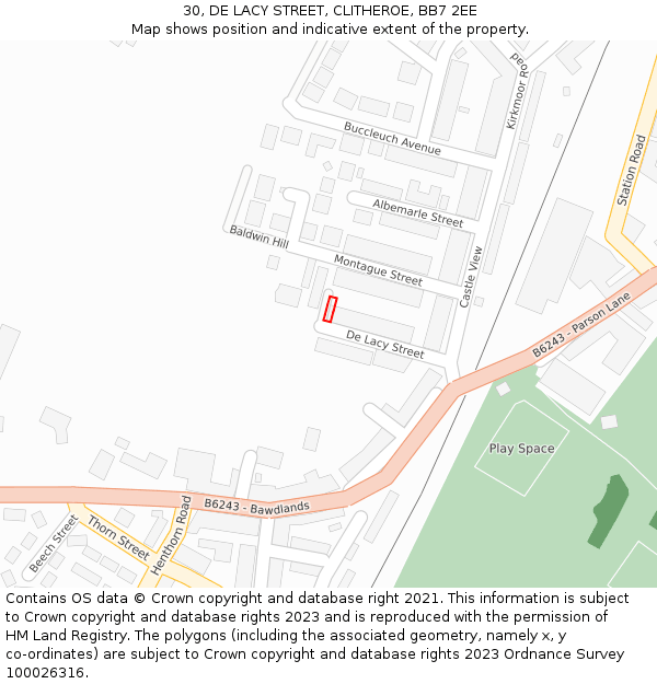 30, DE LACY STREET, CLITHEROE, BB7 2EE: Location map and indicative extent of plot
