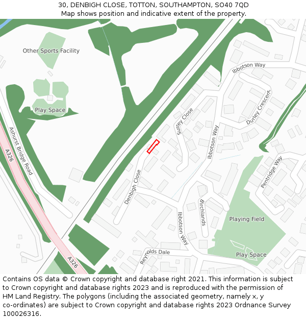 30, DENBIGH CLOSE, TOTTON, SOUTHAMPTON, SO40 7QD: Location map and indicative extent of plot