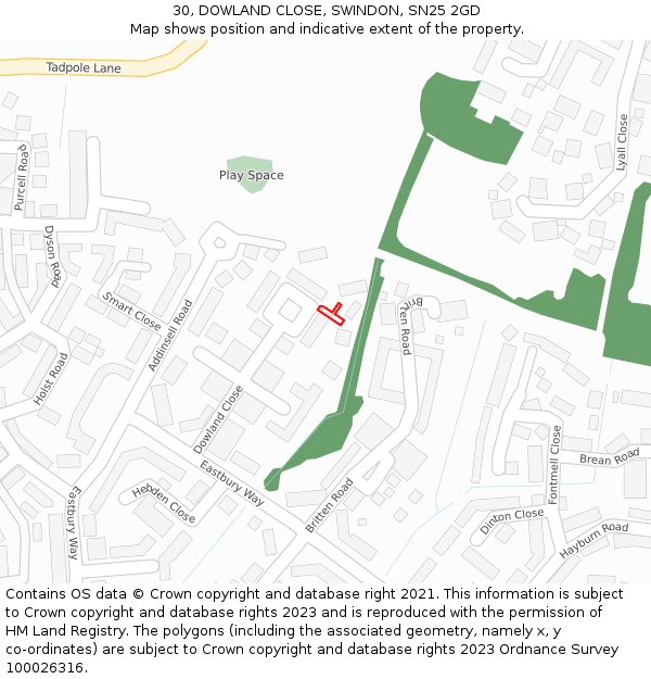 30, DOWLAND CLOSE, SWINDON, SN25 2GD: Location map and indicative extent of plot