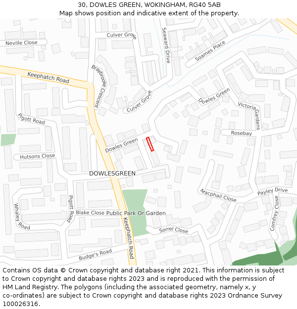 30, DOWLES GREEN, WOKINGHAM, RG40 5AB: Location map and indicative extent of plot