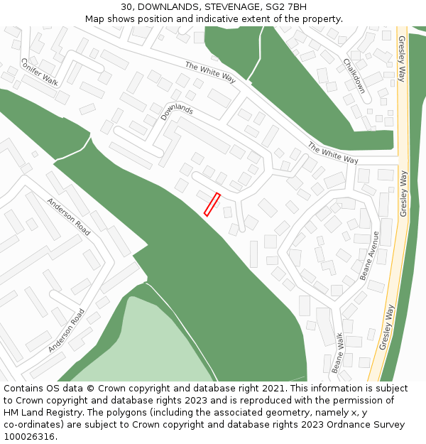 30, DOWNLANDS, STEVENAGE, SG2 7BH: Location map and indicative extent of plot