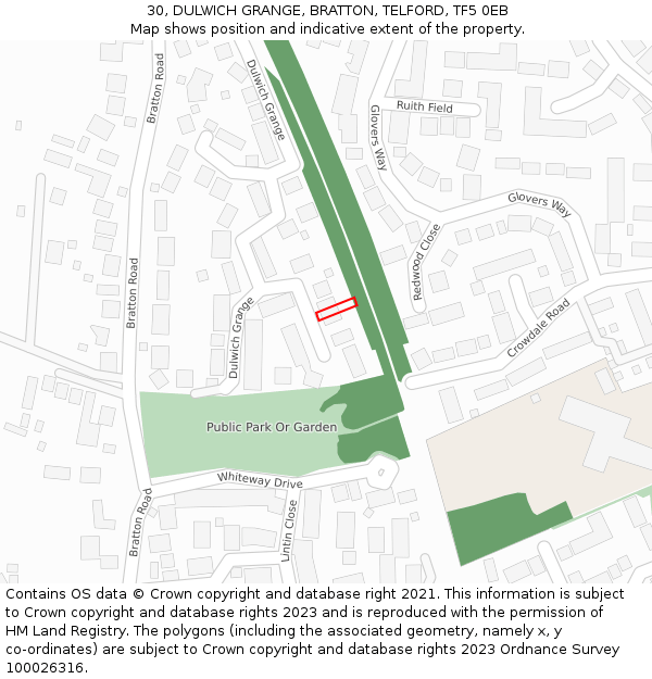 30, DULWICH GRANGE, BRATTON, TELFORD, TF5 0EB: Location map and indicative extent of plot