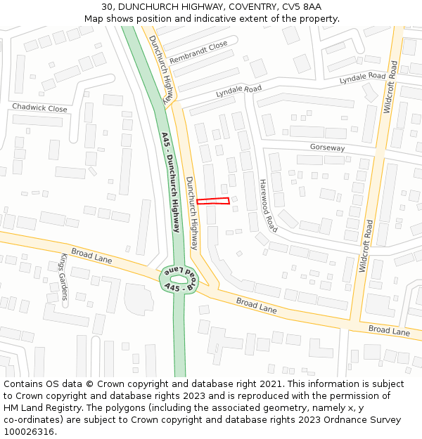30, DUNCHURCH HIGHWAY, COVENTRY, CV5 8AA: Location map and indicative extent of plot
