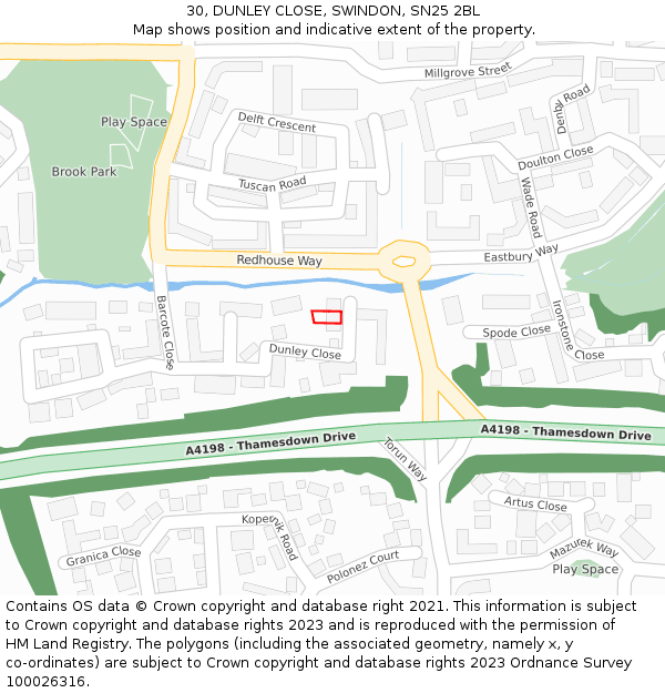 30, DUNLEY CLOSE, SWINDON, SN25 2BL: Location map and indicative extent of plot