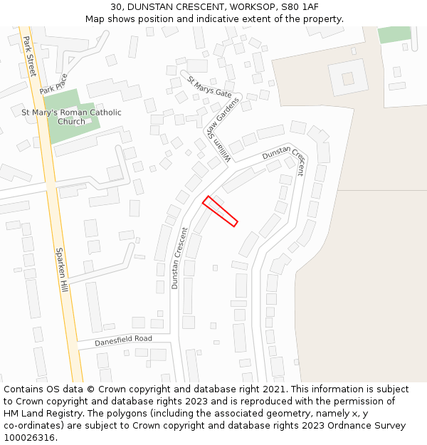 30, DUNSTAN CRESCENT, WORKSOP, S80 1AF: Location map and indicative extent of plot