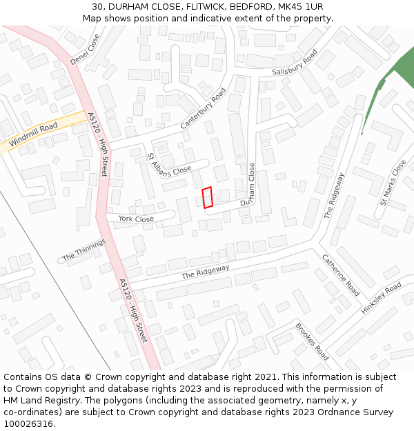 30, DURHAM CLOSE, FLITWICK, BEDFORD, MK45 1UR: Location map and indicative extent of plot