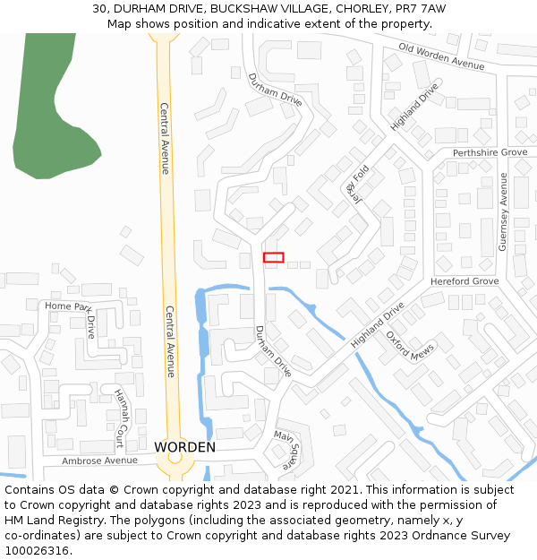 30, DURHAM DRIVE, BUCKSHAW VILLAGE, CHORLEY, PR7 7AW: Location map and indicative extent of plot