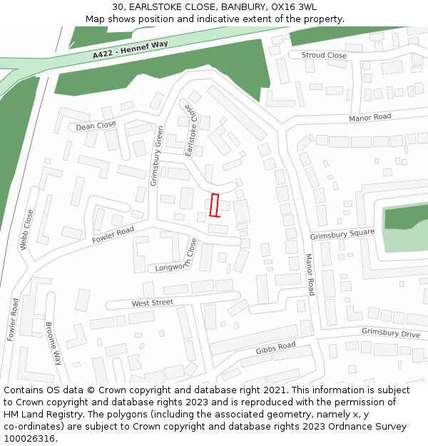 30, EARLSTOKE CLOSE, BANBURY, OX16 3WL: Location map and indicative extent of plot