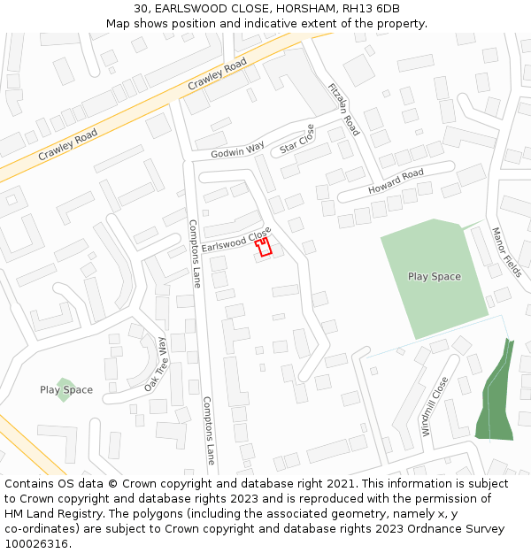 30, EARLSWOOD CLOSE, HORSHAM, RH13 6DB: Location map and indicative extent of plot