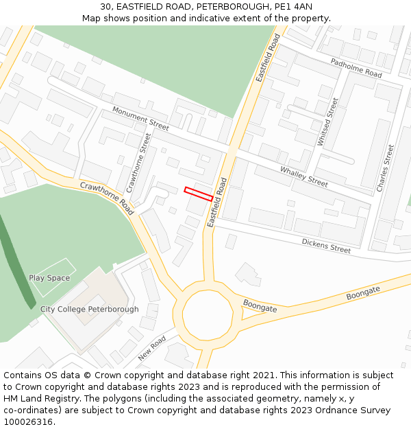 30, EASTFIELD ROAD, PETERBOROUGH, PE1 4AN: Location map and indicative extent of plot