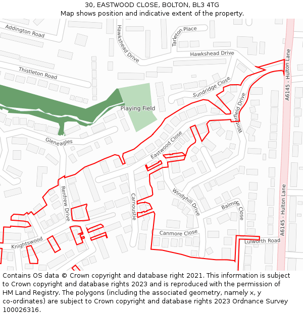 30, EASTWOOD CLOSE, BOLTON, BL3 4TG: Location map and indicative extent of plot