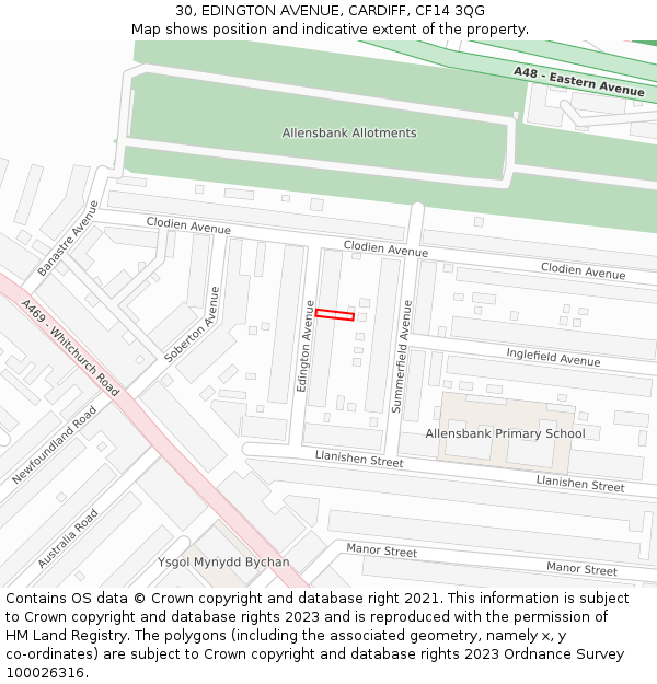 30, EDINGTON AVENUE, CARDIFF, CF14 3QG: Location map and indicative extent of plot