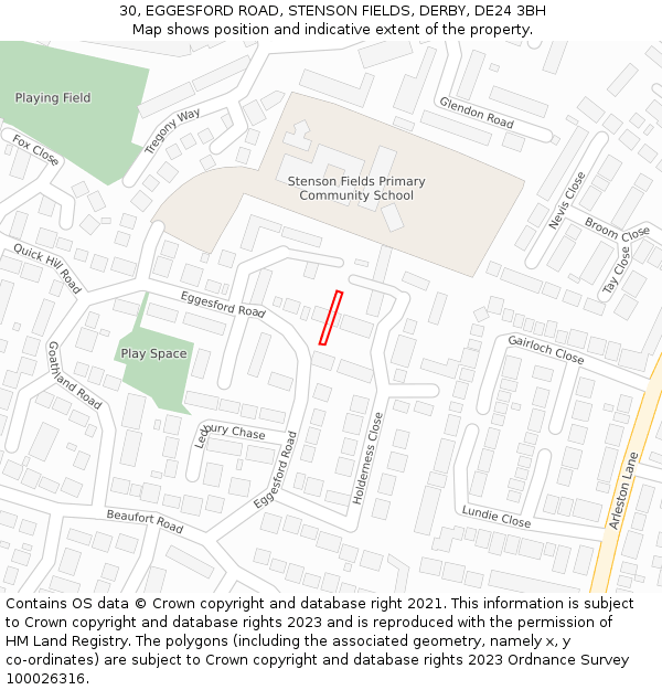 30, EGGESFORD ROAD, STENSON FIELDS, DERBY, DE24 3BH: Location map and indicative extent of plot