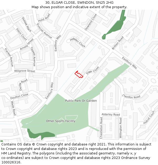30, ELGAR CLOSE, SWINDON, SN25 2HG: Location map and indicative extent of plot
