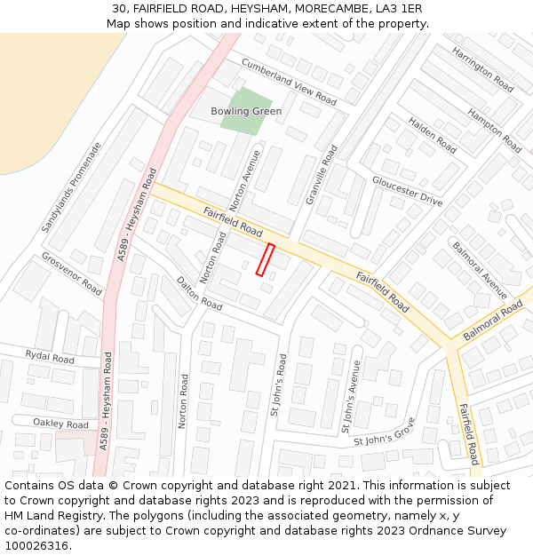 30, FAIRFIELD ROAD, HEYSHAM, MORECAMBE, LA3 1ER: Location map and indicative extent of plot