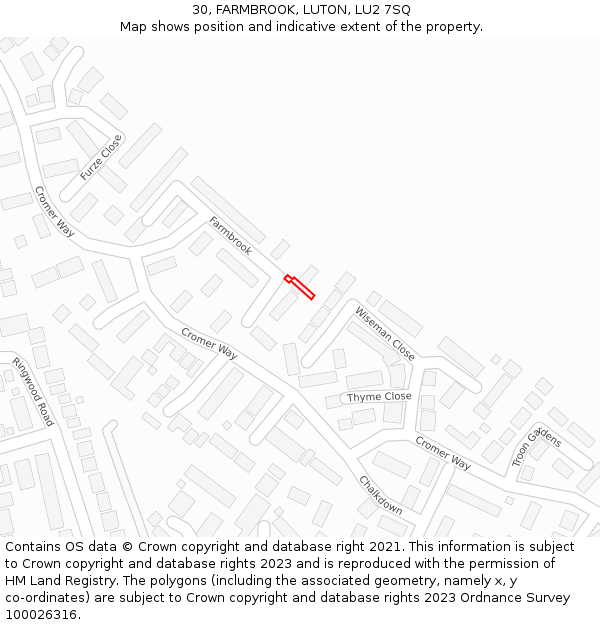 30, FARMBROOK, LUTON, LU2 7SQ: Location map and indicative extent of plot