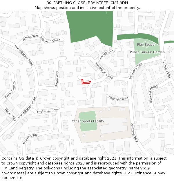 30, FARTHING CLOSE, BRAINTREE, CM7 9DN: Location map and indicative extent of plot