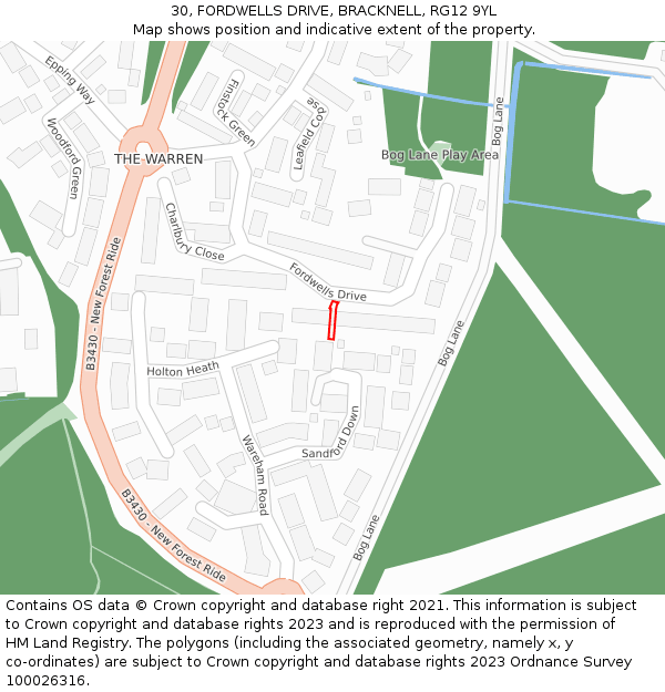 30, FORDWELLS DRIVE, BRACKNELL, RG12 9YL: Location map and indicative extent of plot