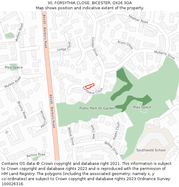 30, FORSYTHIA CLOSE, BICESTER, OX26 3GA: Location map and indicative extent of plot