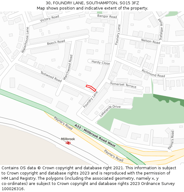 30, FOUNDRY LANE, SOUTHAMPTON, SO15 3FZ: Location map and indicative extent of plot