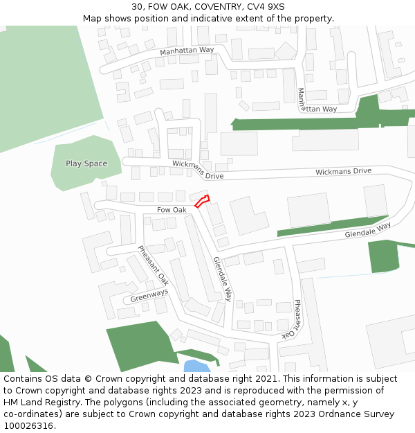 30, FOW OAK, COVENTRY, CV4 9XS: Location map and indicative extent of plot