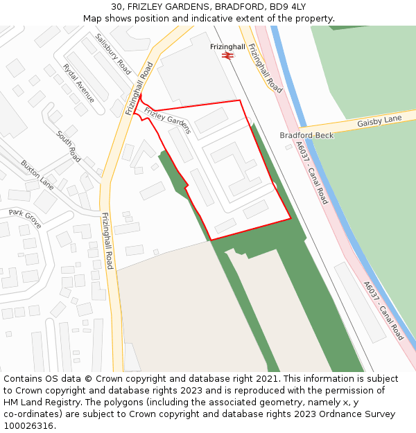 30, FRIZLEY GARDENS, BRADFORD, BD9 4LY: Location map and indicative extent of plot