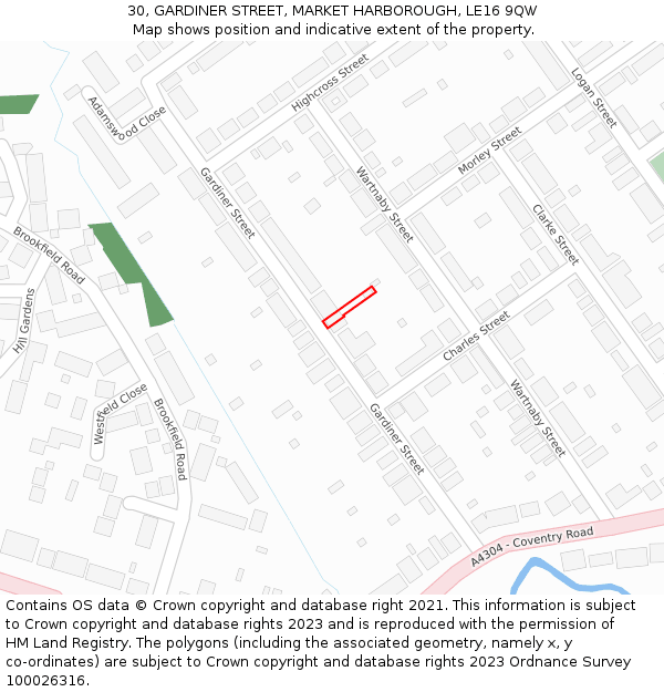 30, GARDINER STREET, MARKET HARBOROUGH, LE16 9QW: Location map and indicative extent of plot