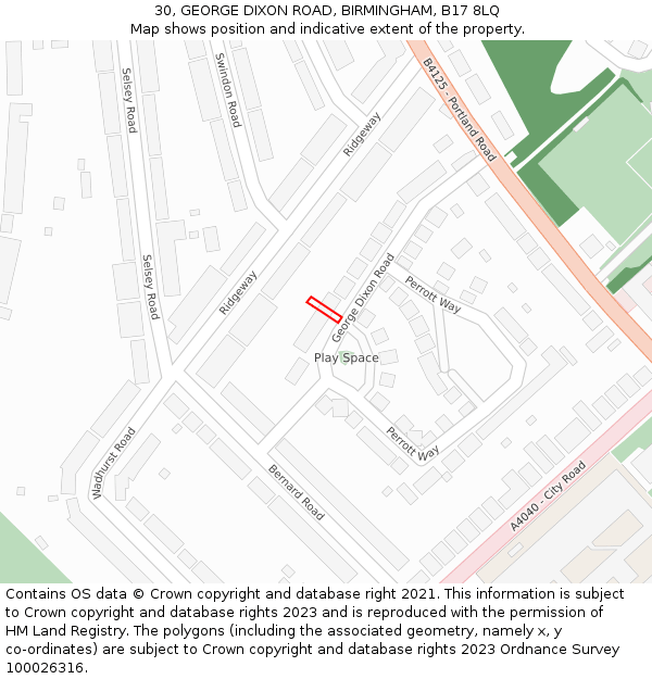30, GEORGE DIXON ROAD, BIRMINGHAM, B17 8LQ: Location map and indicative extent of plot