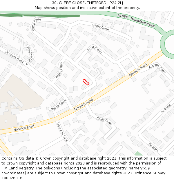 30, GLEBE CLOSE, THETFORD, IP24 2LJ: Location map and indicative extent of plot