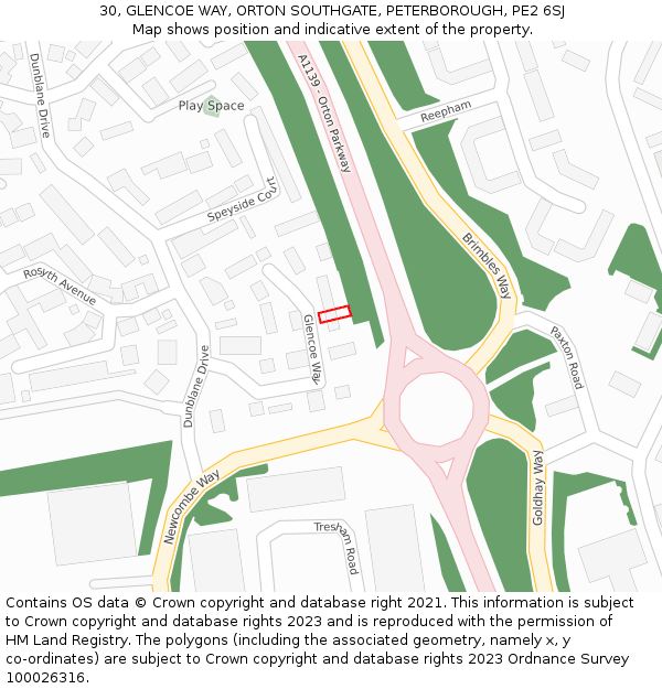 30, GLENCOE WAY, ORTON SOUTHGATE, PETERBOROUGH, PE2 6SJ: Location map and indicative extent of plot