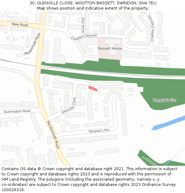 30, GLENVILLE CLOSE, WOOTTON BASSETT, SWINDON, SN4 7EU: Location map and indicative extent of plot