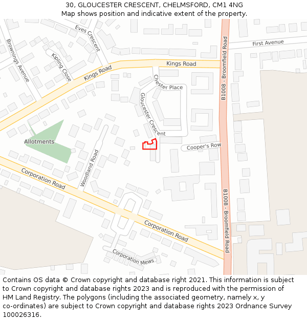 30, GLOUCESTER CRESCENT, CHELMSFORD, CM1 4NG: Location map and indicative extent of plot