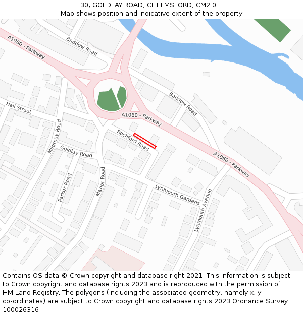 30, GOLDLAY ROAD, CHELMSFORD, CM2 0EL: Location map and indicative extent of plot
