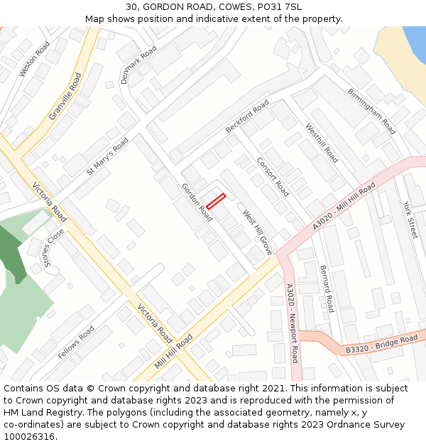 30, GORDON ROAD, COWES, PO31 7SL: Location map and indicative extent of plot