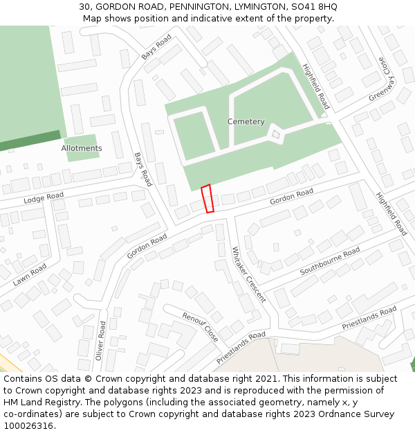 30, GORDON ROAD, PENNINGTON, LYMINGTON, SO41 8HQ: Location map and indicative extent of plot