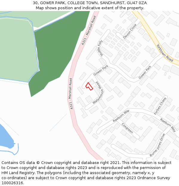30, GOWER PARK, COLLEGE TOWN, SANDHURST, GU47 0ZA: Location map and indicative extent of plot