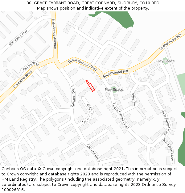30, GRACE FARRANT ROAD, GREAT CORNARD, SUDBURY, CO10 0ED: Location map and indicative extent of plot