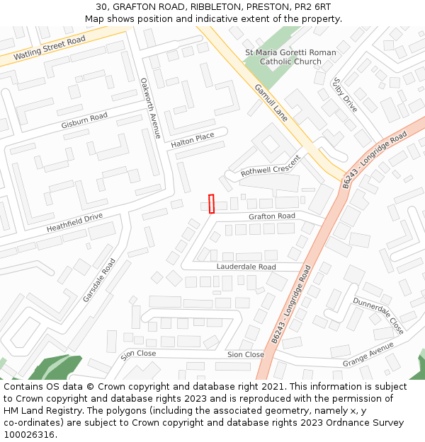 30, GRAFTON ROAD, RIBBLETON, PRESTON, PR2 6RT: Location map and indicative extent of plot