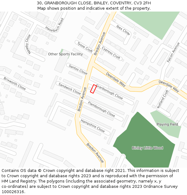 30, GRANBOROUGH CLOSE, BINLEY, COVENTRY, CV3 2FH: Location map and indicative extent of plot