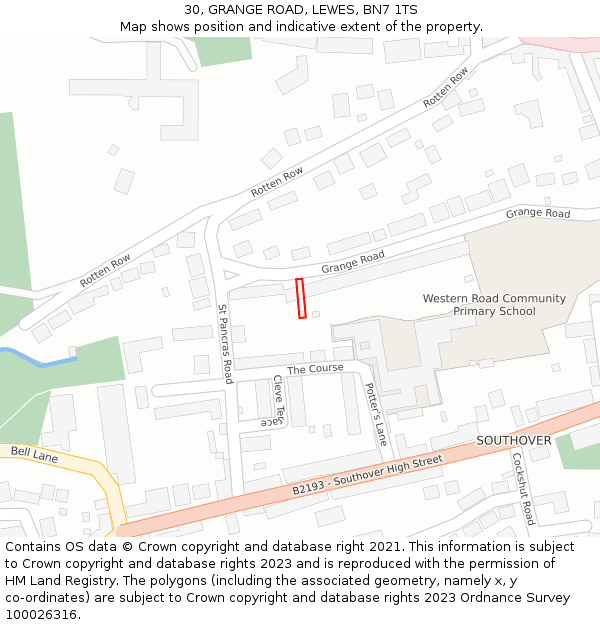 30, GRANGE ROAD, LEWES, BN7 1TS: Location map and indicative extent of plot