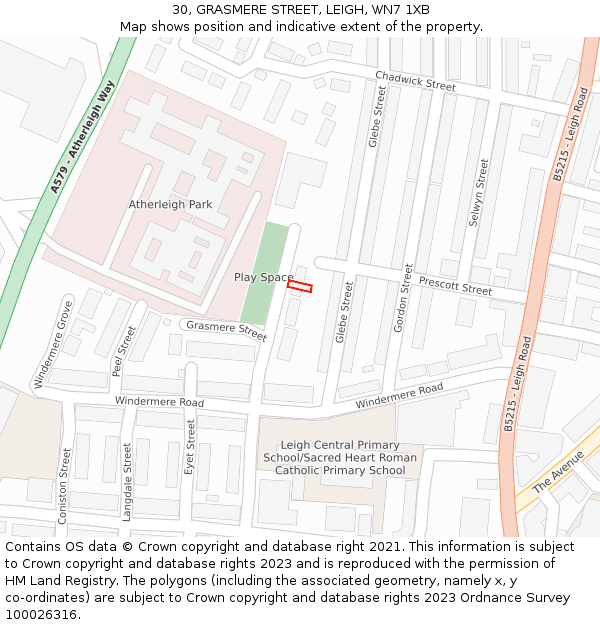 30, GRASMERE STREET, LEIGH, WN7 1XB: Location map and indicative extent of plot