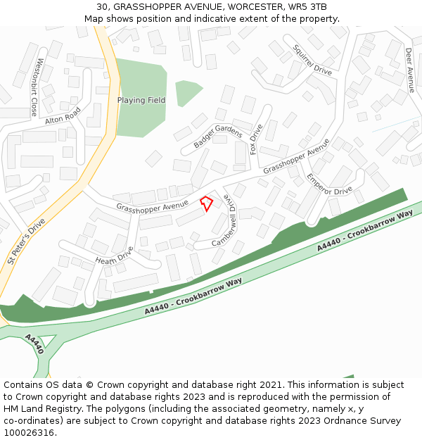 30, GRASSHOPPER AVENUE, WORCESTER, WR5 3TB: Location map and indicative extent of plot